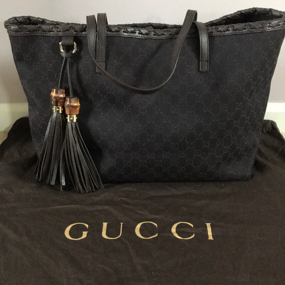 Gucci Bamboo Tassel Black/Brown Canvas Tote Bag